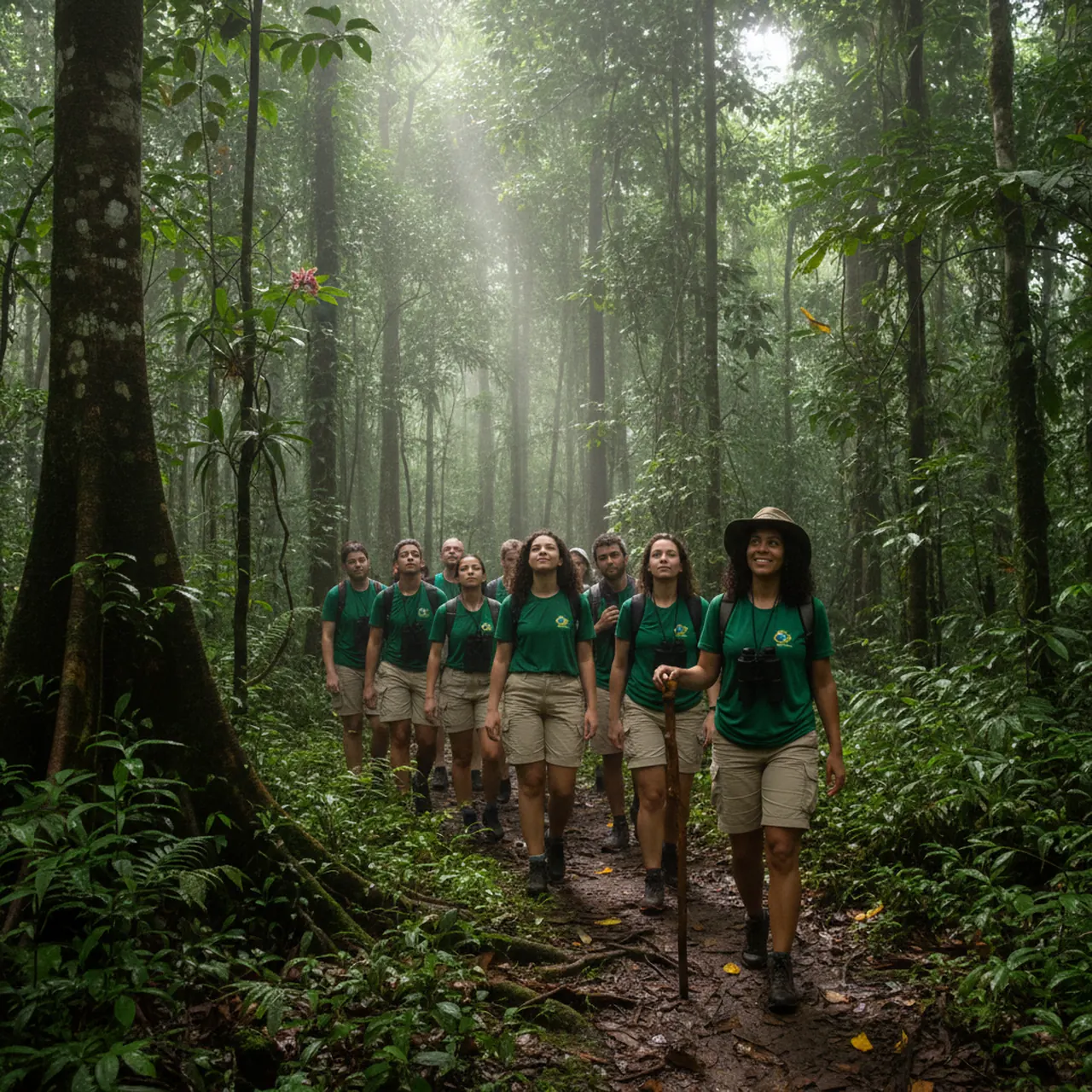 Voluntários em trilha guiada em mata nativa