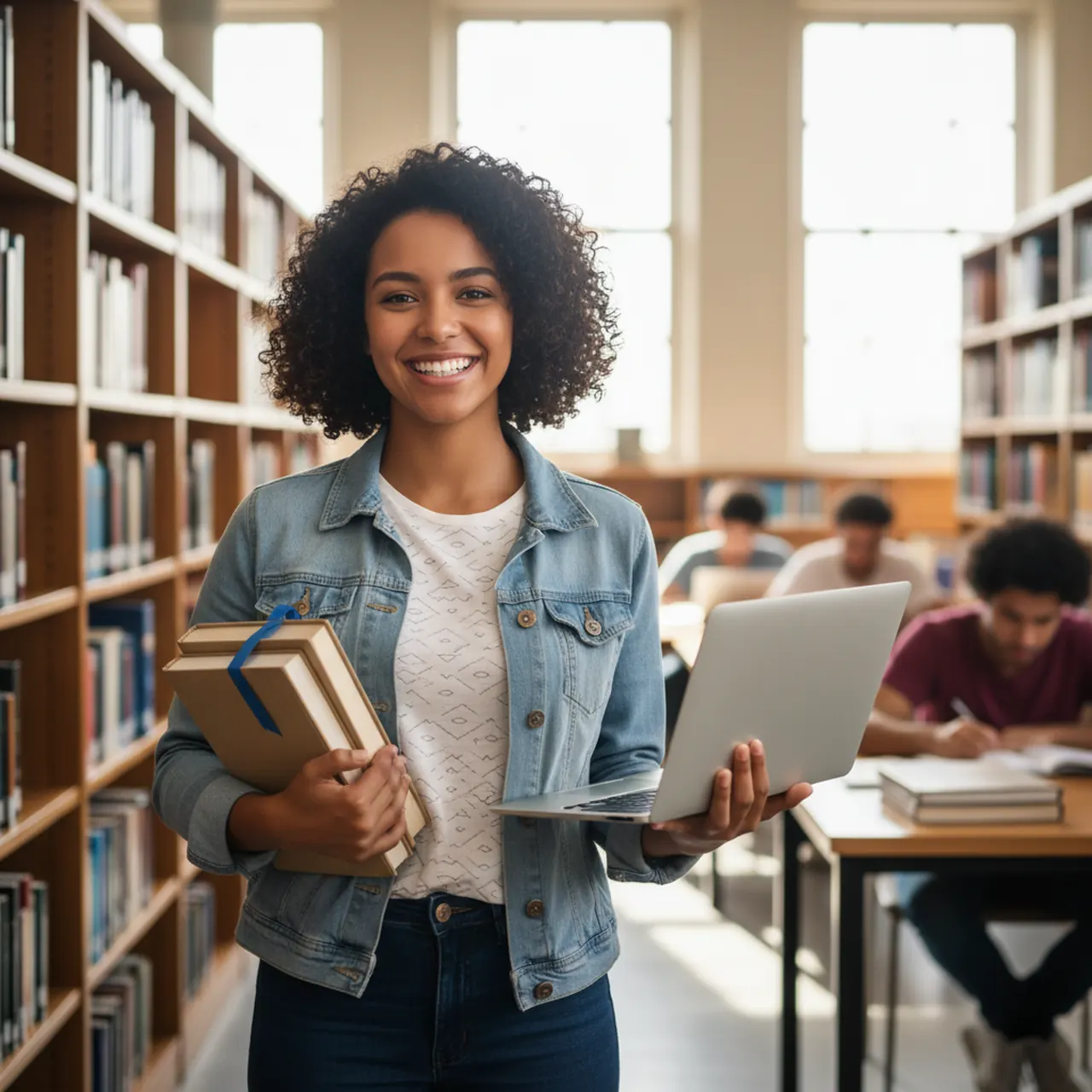 Estudante universitária sorrindo com livros e laptop