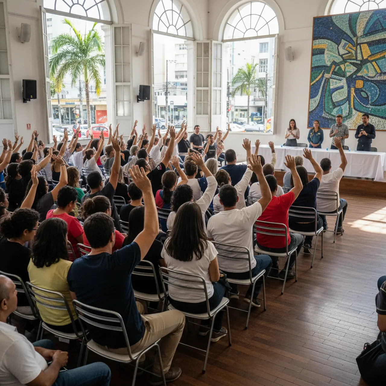 Reunião comunitária em sala pública